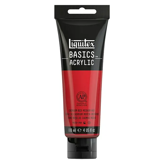 Liquitex Basics Acrylfarbe - Kadmiumrot mittel, 118 ml - Ein Tube Liquitex Basics Acrylfarbe in Cadmiumrot mittlerer Farbton, ideal für Kunstprojekte und kreative Anwendungen.