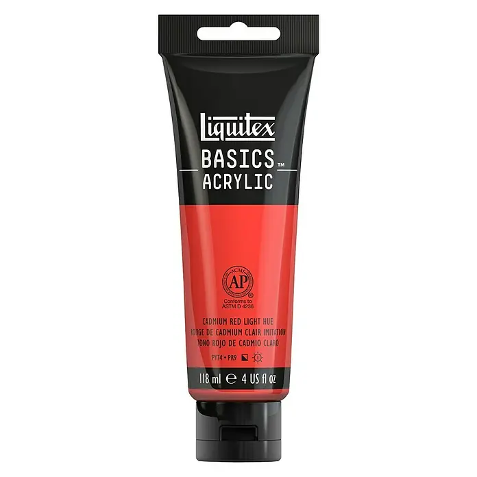 Liquitex Basics Acrylfarbe - Kadmiumrot hell, 118 ml - Eine Tube Liquitex Basics Acrylfarbe in Cadmiumrot hell, ideal für Kunstprojekte und zum Malen.