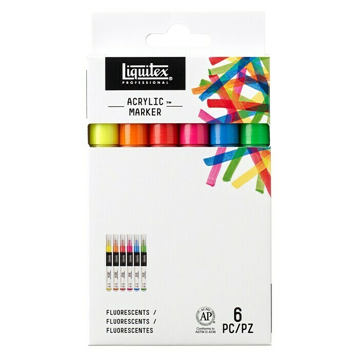 Liquitex Professional Marker-Set Paint Marker Fluo6 Stk., Mehrfarbig Neon, 2 mm, Rechteckige Spitze Front View