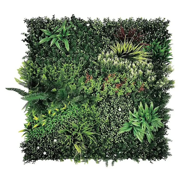 Nortene Vertikaler Garten Grazing - 100 x 100 cm, Kunststoff - Detailaufnahme einer üppigen, grünen Wandbegrünung, die eine vielfältige Auswahl an Pflanzen und Texturen zeigt.