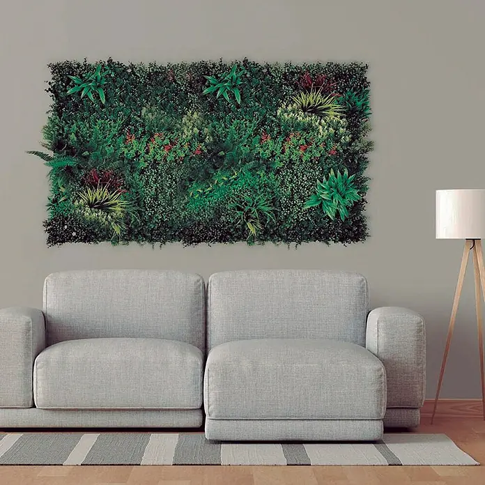 Nortene Vertikaler Garten Grazing - 100 x 100 cm, Kunststoff - Wohnzimmer mit einer üppigen, vertikalen Wand aus Kunstpflanzen, die eine grüne und lebendige Atmosphäre schafft.