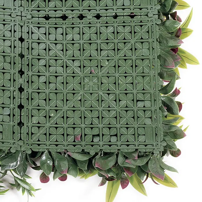 Nortene Vertikaler Garten Sauvage - L x B: 100 x 100 cm, Kunststoff - Nahaufnahme einer künstlichen grünen Blätterwand mit einem quadratischen Gitter-Rückseite, ideal für dekorative Zwecke.