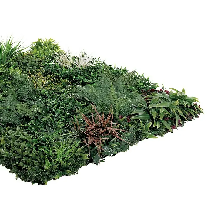Nortene Vertikaler Garten Sauvage - L x B: 100 x 100 cm, Kunststoff - Üppige grüne Pflanzenwand mit Farnen und verschiedenen Blattformen, die eine natürliche und beruhigende Atmosphäre schafft.