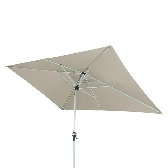 Doppler Active Marktschirm Auto Tilt - Natur, Bespannungsmaß (L x B): 300 x 200 cm - Ein quadratischer Sonnenschirm in Beige mit einem stabilen, weißen Ständer bietet Schatten und Schutz vor der Sonne.