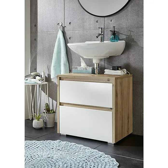 Riva Waschtischunterschrank Glass - 61 x 40 x 58 cm, Eiche Nachbildung, Weiß - Modernes Badezimmer-Waschbecken mit Unterschrank in Holzoptik und weißen Schubladen, ideal für kleine Bäder.