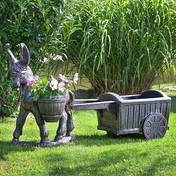 Roto Pflanztopf Wagen - Kunststoff, Anthrazit - Dekorativer Esel-Blumenwagen für den Garten. Die Figur mit Wagen ist ein Hingucker für Blumen und Pflanzen im Außenbereich.