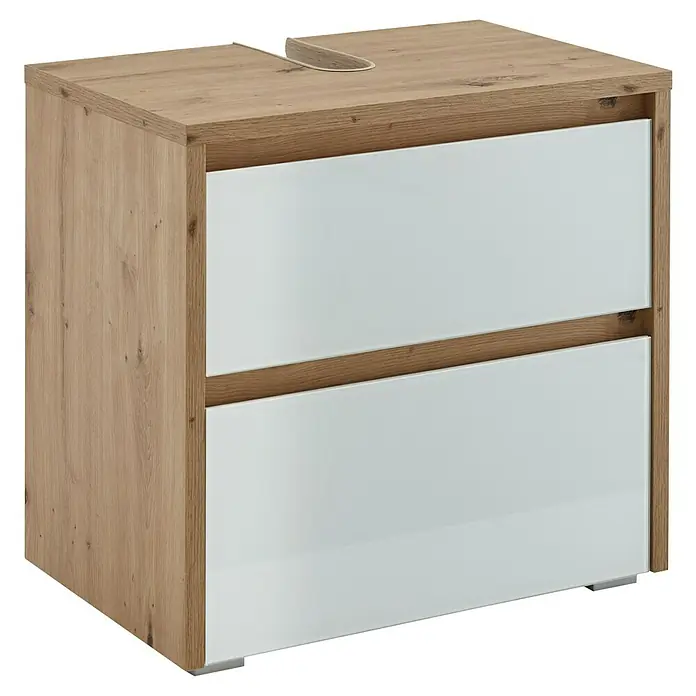 Riva Waschtischunterschrank Glass - 61 x 40 x 58 cm, Eiche Nachbildung, Weiß - Bild eines Waschtischunterschranks in Holzoptik mit zwei weißen Schubladen und einem eingelassenen Waschbecken.
