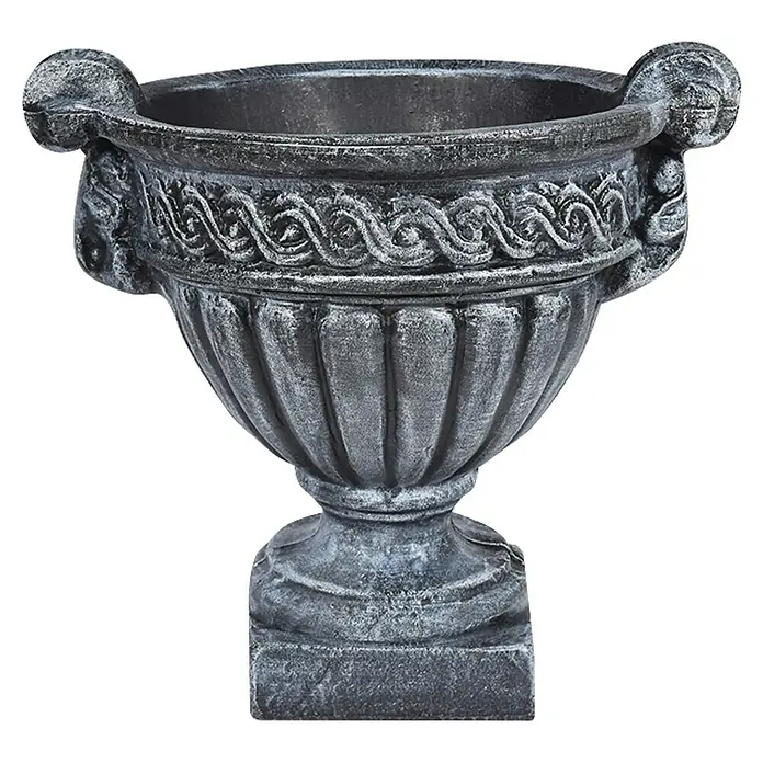 Roto Pflanztopf Vase - Kunststoff, Anthrazit - Dekorative graue Pflanzschale aus Steingut mit ornamentalen Details und Griffen für den Garten oder Innenbereich.