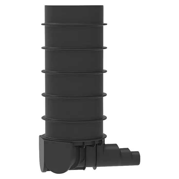 Roto Domschachterhöhung Dv6x6 - Ø x H: 600 x 600 mm, Kunststoff - Detaillierte Ansicht eines schwarzen, mehrstufigen Kunststoff-Ablaufschachts mit seitlichem Abgang.