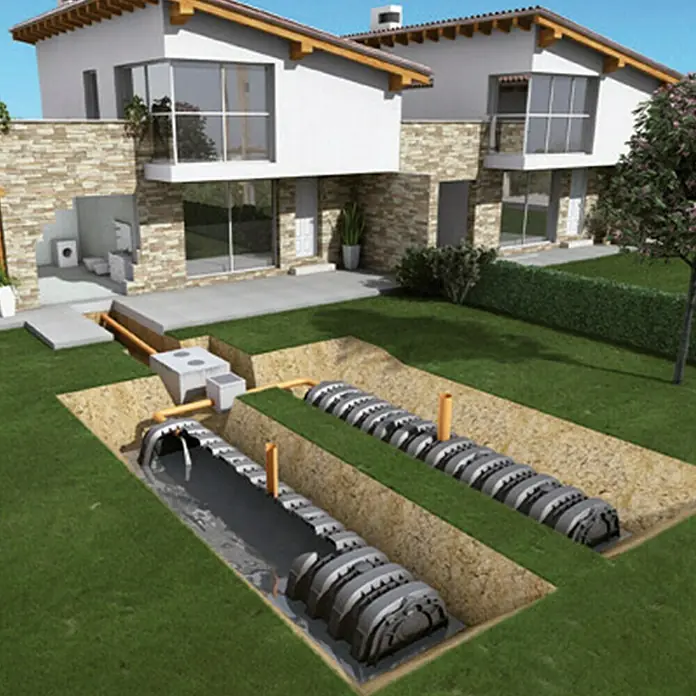 Roto Versickerungsanlage Rogea - L x B x H: 1.200 x 800 x 400 mm, Kunststoff, 320 l - Einblicke in eine unterirdische Regenwasser-Versickerungsanlage. Die Anlage ist im Garten eingebaut und mit Tanks und Rohren verbunden.