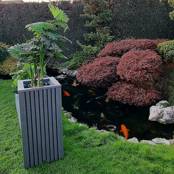 Roto Pflanzsäule eckig Balboa - Grau, Kunststoff - Elegante Pflanzsäule aus grauem Kunststoff neben einem idyllischen Teich mit Koi-Karpfen, umgeben von üppigem Grün, verleiht jedem Garten eine moderne Note.