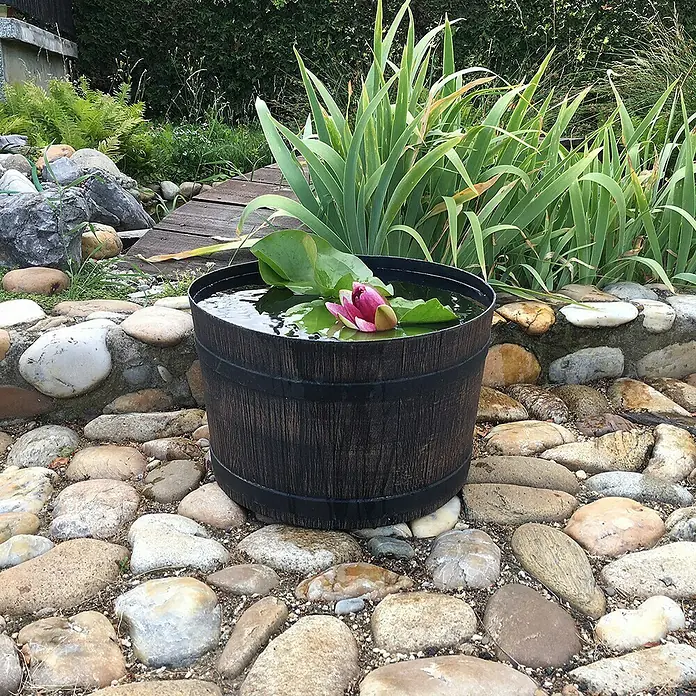Roto Pflanztopf Mambo - Kunststoff, Braun,Schwarz - Fass mit Seerose im Garten, umgeben von Steinen und Pflanzen. Ein dekoratives Element für den Außenbereich.