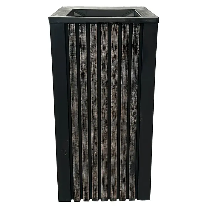 Roto Pflanzsäule eckig Balboa - Schwarz,Braun, Kunststoff - Ein stilvoller, hoher Pflanzkübel mit vertikalen Holzpaneelen und schwarzem Rahmen, ideal für den Innen- und Außenbereich.