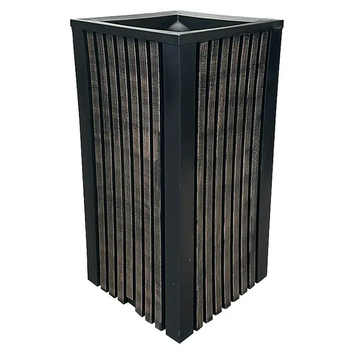 Roto Pflanzsäule eckig Balboa - Schwarz,Braun, Kunststoff - Stilvoller, quadratischer Pflanzkübel mit vertikalen Holzpaneelen und schwarzem Rahmen, ideal für Innen- und Außenbereiche.