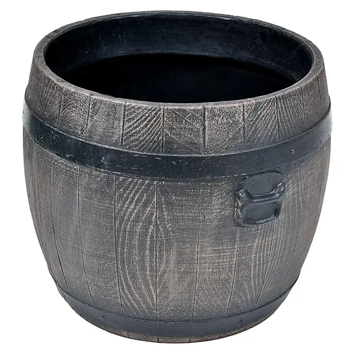 Roto Pflanztopf Bolero - Braun,Schwarz, Außenmaß (Ø x H): 40 x 42 cm, Kunststoff - Nahaufnahme eines Pflanzgefäßes in Form eines rustikalen Holzfasses mit Griff und schwarzem Rand.