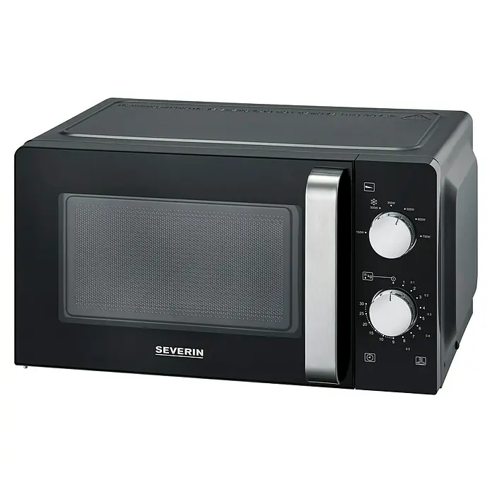 Severin Mikrowelle Solo MW7886 - Max. Leistung: 700 W, 17 l, Schwarz - Schwarze Severin Mikrowelle mit silbernem Griff und Drehknöpfen zur einfachen Bedienung. Ideal für schnelles Erhitzen und Auftauen von Speisen.