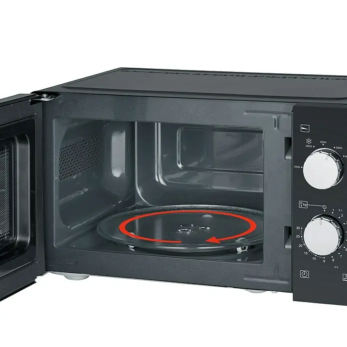 Severin Mikrowelle Solo MW7886 - Max. Leistung: 700 W, 17 l, Schwarz - Nahaufnahme eines offenen Mikrowellenherds mit Drehteller, der die Funktionalität und das moderne Design des Geräts hervorhebt.