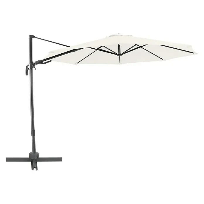 Sunfun Schirmbezug Capri - Natur, Passend für: Sunfun Ampelschirmgestell Capri Ø 300 cm - Ein freistehender, cremefarbener Sonnenschirm mit einem stabilen, schwarzen Standfuß, ideal für den Garten oder die Terrasse.