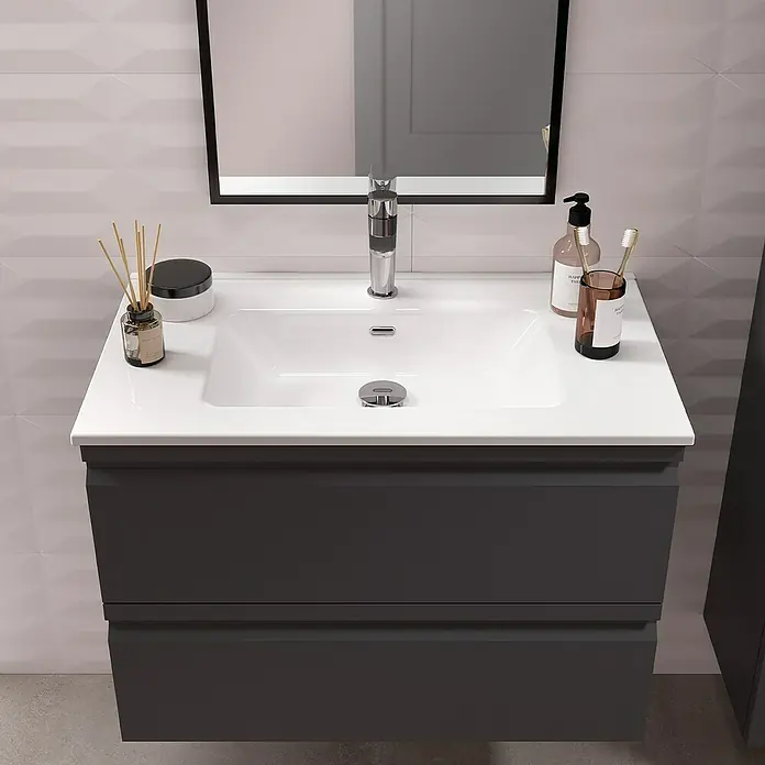Camargue Pull Waschtischunterschrank - B x T x H: 79,5 x 45,4 x 55 cm, Grafit - Ein stilvoller grauer Waschtisch mit einer weißen Keramikspüle und einem modernen Chromhahn, perfekt für jedes Badezimmer.