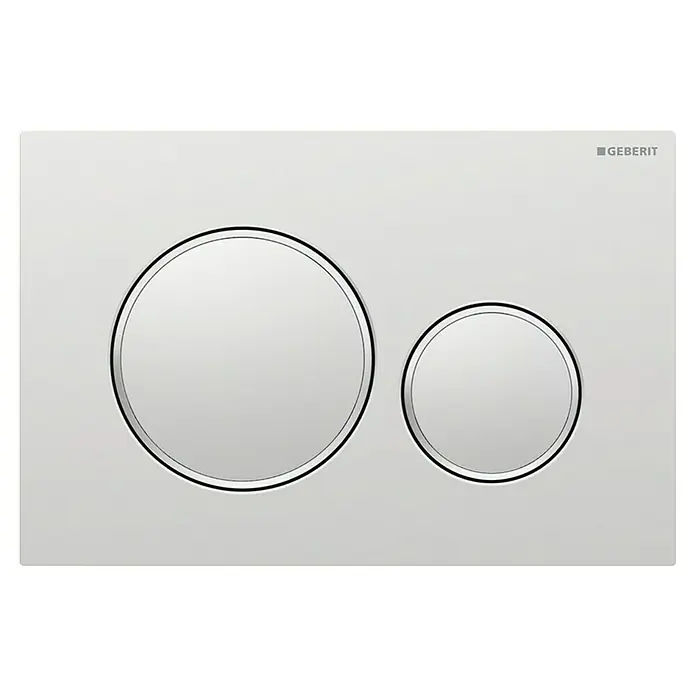 Geberit Betätigungsplatte Sigma 20 115.882.JQ.1 - Chrom Matt, 2-Mengen-Spülung - Nahaufnahme einer Geberit Betätigungsplatte mit zwei runden Tasten in Silber und schwarzem Rand.