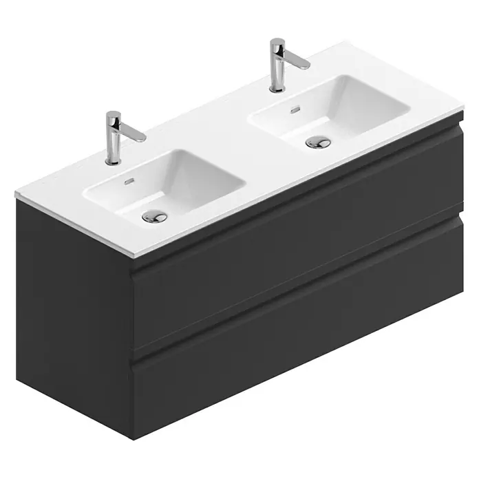 Camargue Pull Waschtischunterschrank - B x T x H: 120 x 45,4 x 55 cm, Grafit - Doppelwaschtisch mit zwei Becken und Armaturen, Unterschrank mit zwei Schubladen in Grau. Moderne Badgestaltung mit praktischem Stauraum.