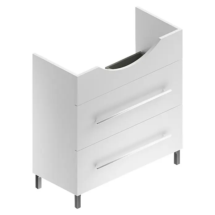 Riva Badmöbel-Set Volo 2.0 - Gesamtbreite Badmöbel: 80 cm, Weiß, Glänzend - Weißer Waschtischunterschrank mit drei Schubladen und Griffen. Das Möbelstück steht leicht erhöht auf kleinen Füßen und wirkt modern.