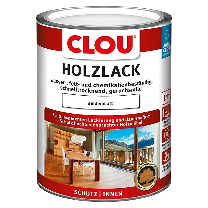 Clou Aqua Holzlack L 11 - Farblos, Seidenmatt, 2,5 l - Dose Clou Holzlack seidenmatt für den Innenbereich. Ideal für transparente Lackierungen und dauerhaften Schutz von Holzmöbeln.