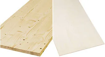 2 Möbelbauplatten nebeinander, eine ohne Astlöcher, die andere relativ astig und mit Struktur