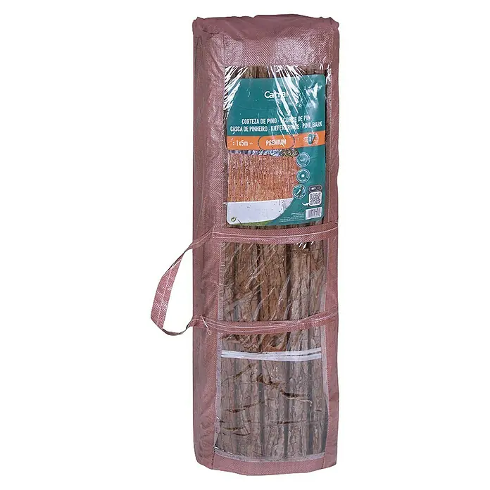 Nortene Sichtschutzmatte Corsafence - 500 x 100 cm, Holz - Eine Rolle Premium-Kiefernrinde (1x5m) in einer transparenten Verpackung, die die Textur und Farbe der Rinde zeigt.