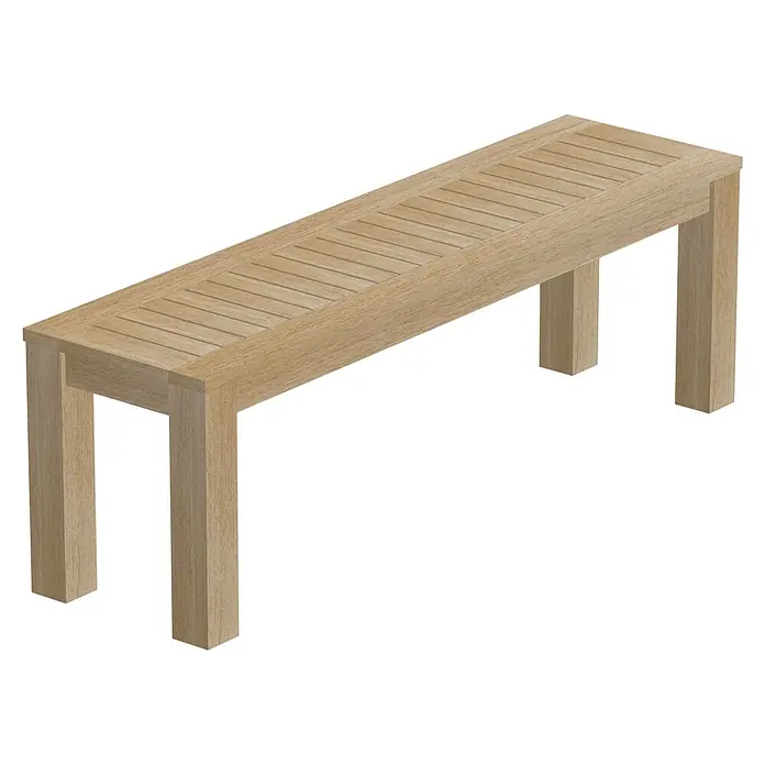 Joda Gartenbank Perth - B x T x H: 142 x 38 x 46 cm, Eukalyptus, Natur - Nahaufnahme einer hellbraunen Holzbank mit Lattenrostoberfläche und schlichten Beinen auf schwarzem Hintergrund.