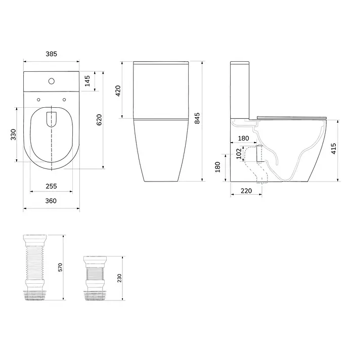 Artysan Pack de WC Inter 4 - Sin borde de descarga, Salida WC: Vertical, Blanco - Dibujo técnico de un inodoro con dimensiones para construcción e instalación, incluyendo detalles de la tubería de desagüe.
