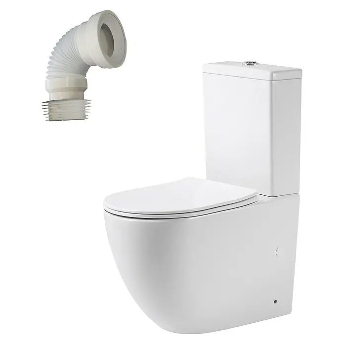 Artysan Pack de WC Inter 4 - Sin borde de descarga, Salida WC: Vertical, Blanco - Inodoro blanco con conector en S ajustable, para una instalación flexible en baños modernos.