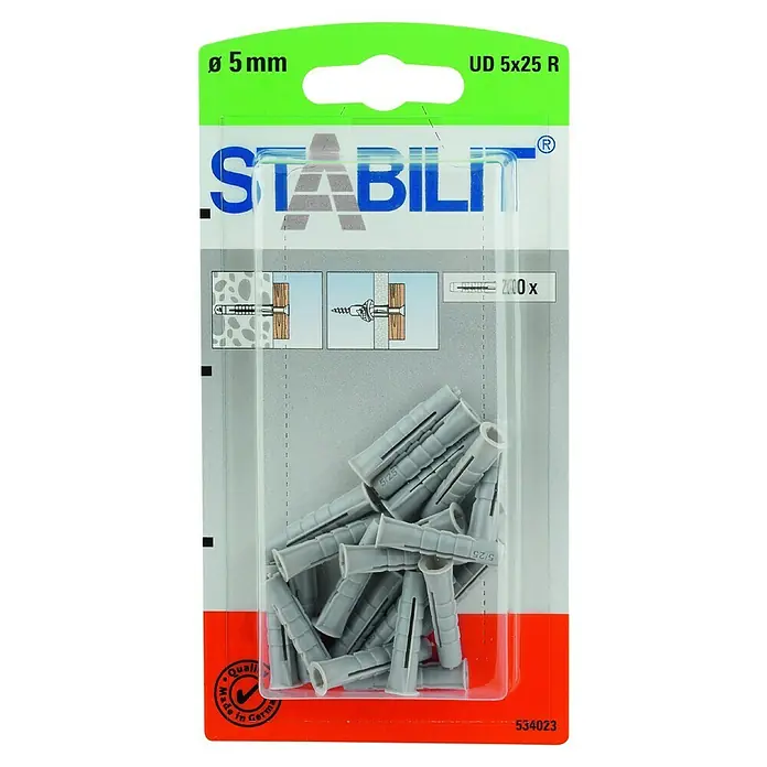 Stabilit Universal-Kragendübel - Durchmesser Dübel: 5 mm, Länge Dübel: 25 mm, 20 Stk. - Eine Packung Stabilit Dübel UD 5x25 R, 200 Stück, zur Befestigung von Schrauben in Wänden, ideal für Heimwerker- und Bauprojekte, Made in Germany.
