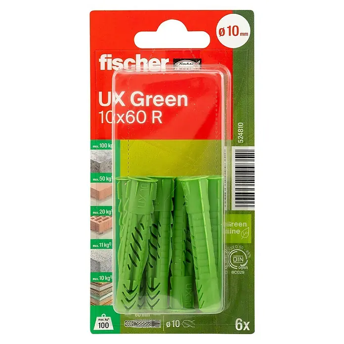 Fischer Greenline Universaldübel UX 10 x 60 R GREEN - Ø x L: 10 x 60 mm, Nylon, Mit Rand, 6 Stk. - Produktverpackung von Fischer UX Green 10x60 R Dübel, ideal für sichere Befestigungen in verschiedenen Materialien.