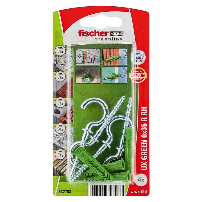 Fischer Greenline Universal-Dübel UX GREEN R RH - Ø x L: 6 x 35 mm, 4 Stk., Nylon - Eine Packung Fischer UX GREEN 6x35 R RH Universaldübel mit Haken, ideal zum Befestigen von Gegenständen an Wänden und Decken.