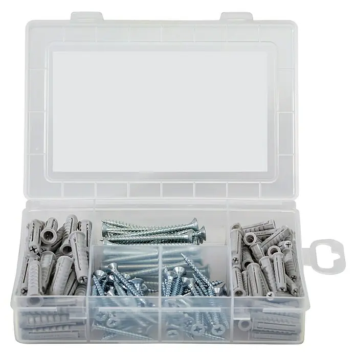 Fischer Meister-Box Spreizdübel-Set SX - Nylon, Mit Schrauben/Haken, 160 -tlg. - Eine durchsichtige Kunststoffbox mit verschiedenen Schrauben und Dübeln, ideal für Heimwerkerprojekte und Reparaturen im Haushalt.