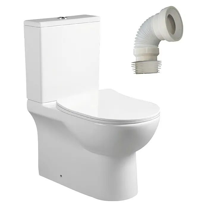 Artysan Pack de WC Inter 7 - Sin borde de descarga, Salida WC: Vertical, Blanco - Imagen de un inodoro blanco con cisterna y un tubo flexible conectado en la parte trasera.