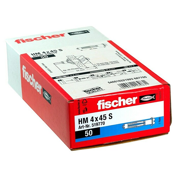 Fischer Metall-Hohlraumdübel HM 4 x 45 S (Ø x L: 4 x 45 mm, Bohrtiefe: Min. 52 mm, 50 Stk.)