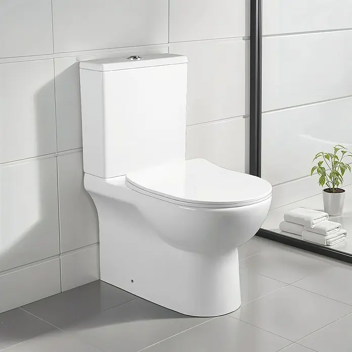 Artysan Pack de WC Inter 7 - Sin borde de descarga, Salida WC: Vertical, Blanco - Primer plano de un inodoro moderno blanco con sistema de doble descarga, destacando su diseño elegante y su eficiencia hídrica.