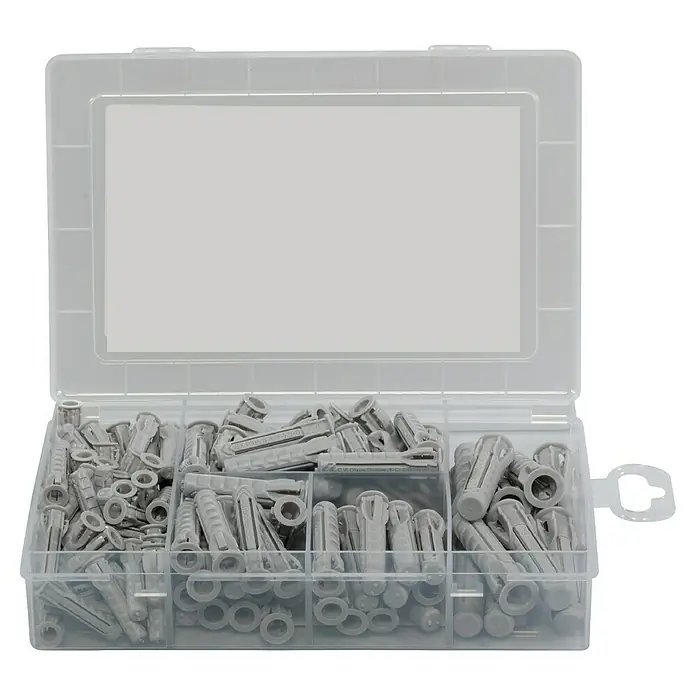 Fischer Meister-Box Spreizdübel-Set SX - Nylon, Ohne Schrauben/Haken, 132 -tlg. - Eine transparente Sortimentsbox, gefüllt mit einer Vielzahl von grauen Dübeln unterschiedlicher Größen für diverse Befestigungsarbeiten.