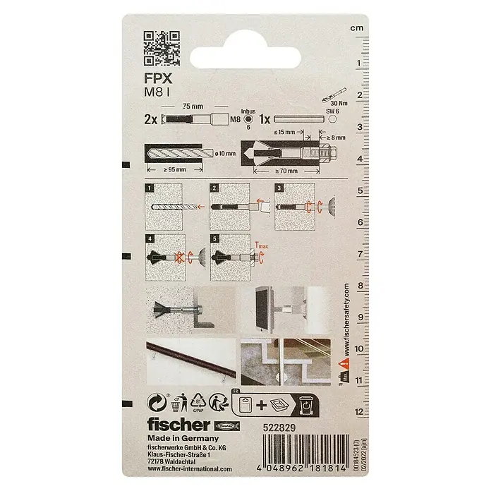 Fischer Porenbetonanker FPX - M 8, Länge Dübel: 75 mm, 2 Stk., Galvanisch verzinkt - Produktverpackung für fischer FPX M8 I mit Montageanleitung und Produktinformationen, inklusive QR-Code und Barcode.