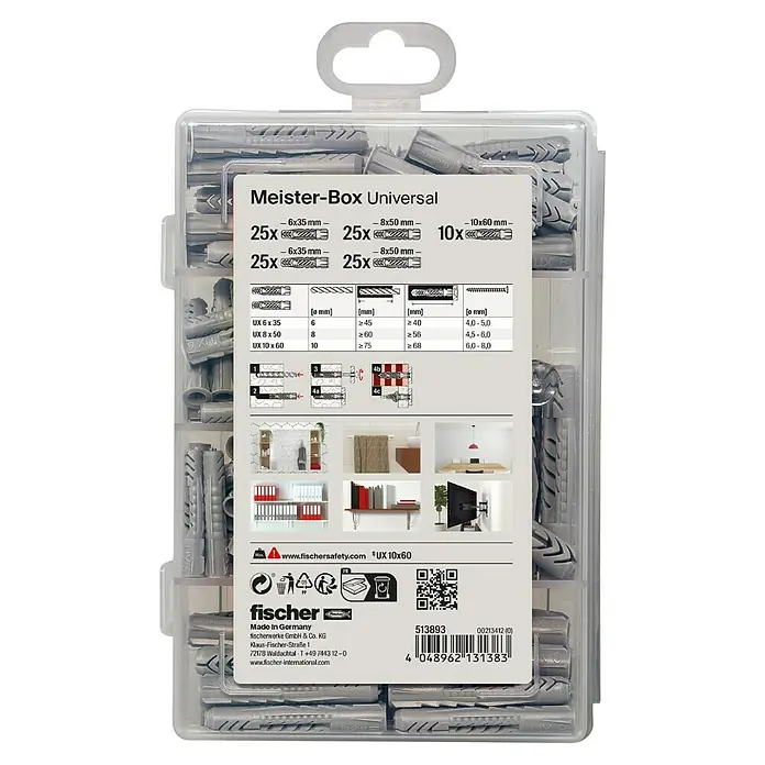 Fischer Meister-Box Universaldübel-Set UX/UX R - 110 -tlg., Ohne Schrauben/Haken, Nylon - Abbildung einer Fischer Meister-Box Universal mit verschiedenen Dübelgrößen, ideal für vielfältige Befestigungsanwendungen im Haushalt.