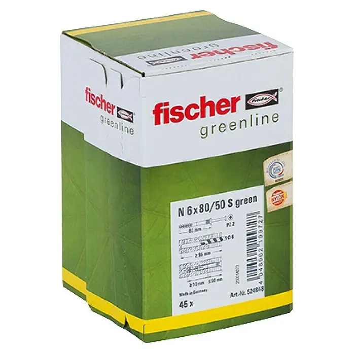 Fischer Greenline Nageldübel Green - Ø x L: 6 x 80 mm, 45 Stk. - Eine Packung Fischer Greenline Dübel N 6x80/50 S green, ideal für umweltbewusste Bauprojekte.