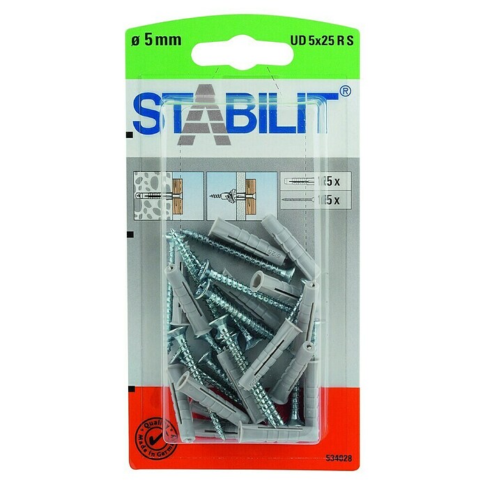 Stabilit Universal-Kragendübel-Set (Durchmesser Dübel: 5 mm, Länge Dübel: 25 mm, 15 Stk., Mit Schrauben)