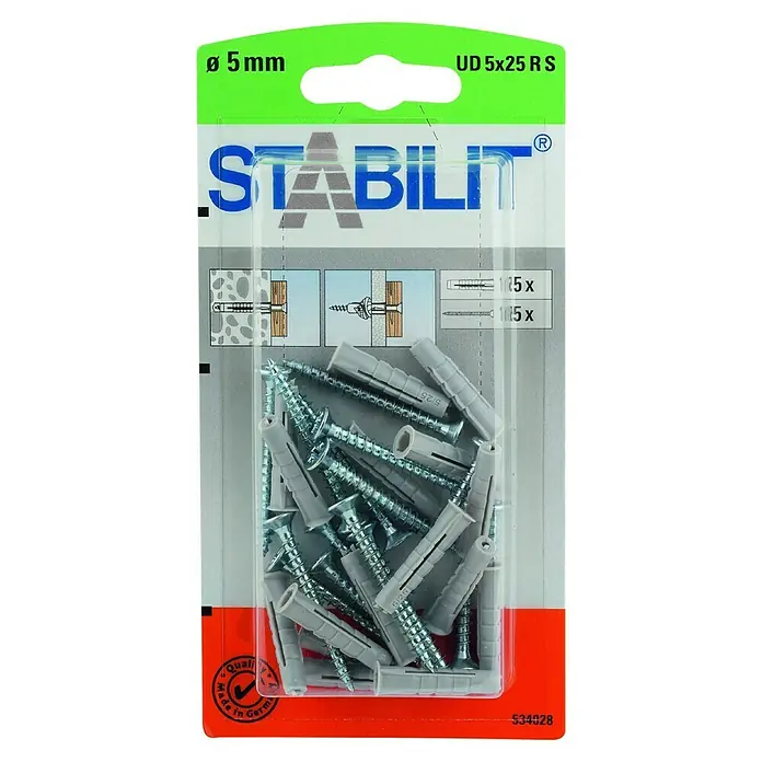 Stabilit Universal-Kragendübel-Set - Durchmesser Dübel: 5 mm, Länge Dübel: 25 mm, 15 Stk., Mit Schrauben - Bild einer Packung Stabilits Dübel UD 5x25 RS mit 15 Dübeln und Schrauben, ideal für Befestigungen im Haus.