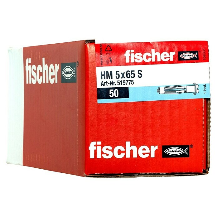 Fischer Metall-Hohlraumdübel HM 5 x 65 S (Ø x L: 5 x 65 mm, Bohrtiefe: Min. 71 mm, 50 Stk.)