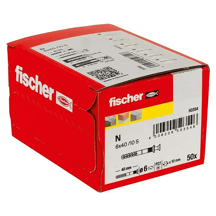 Fischer Nageldübel - Durchmesser Dübel: 6 mm, Länge Dübel: 40 mm, 50 Stk. - Eine Box Fischer N 6x40/10 S Dübel, ideal für Befestigungen in verschiedenen Baumaterialien. 50 Stück, geeignet für zuverlässige Wandmontage.