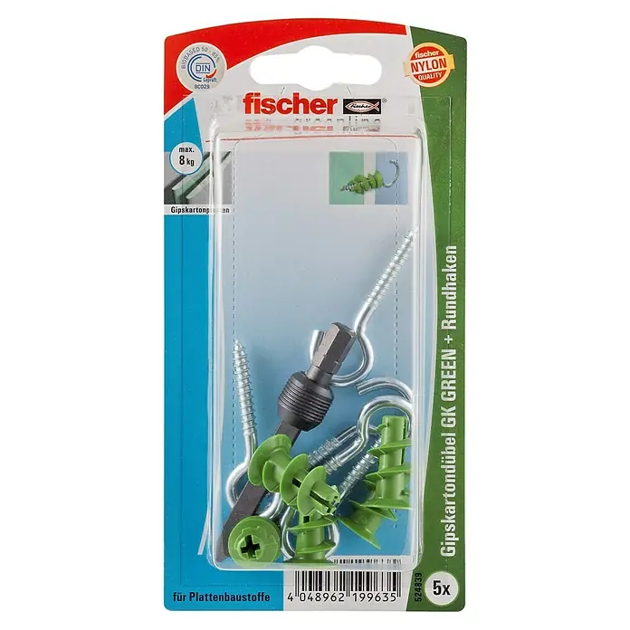 Fischer Greenline Gipskartondübel-Set RH GREEN - Länge Dübel: 22 mm, 5 Stk., Rundhaken - Bild einer Packung Fischer Gipskartondübel GK GREEN + Rundhaken, 5 Stück, zur Befestigung an Plattenbaustoffen.