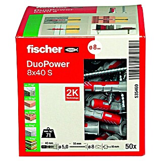 Fischer Duopower Škatla za zidne vložke in vijake (Premer zidnega vložka: 8 mm, Dolžina zidnega vložka: 40 mm, Vijak z vgrezno glavo, 50 kos)