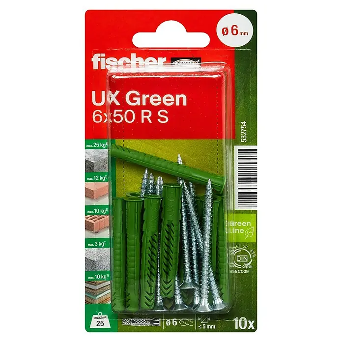 Fischer Greenline Universaldübel UX Green R S - Ø x L: 6 x 50 mm, 10 Stk., Nylon - Bild einer Packung Fischer UX Green Dübel 6x50 RS, bestehend aus 10 Dübeln und Schrauben, geeignet für diverse Materialien mit max. 25 kg Belastung.